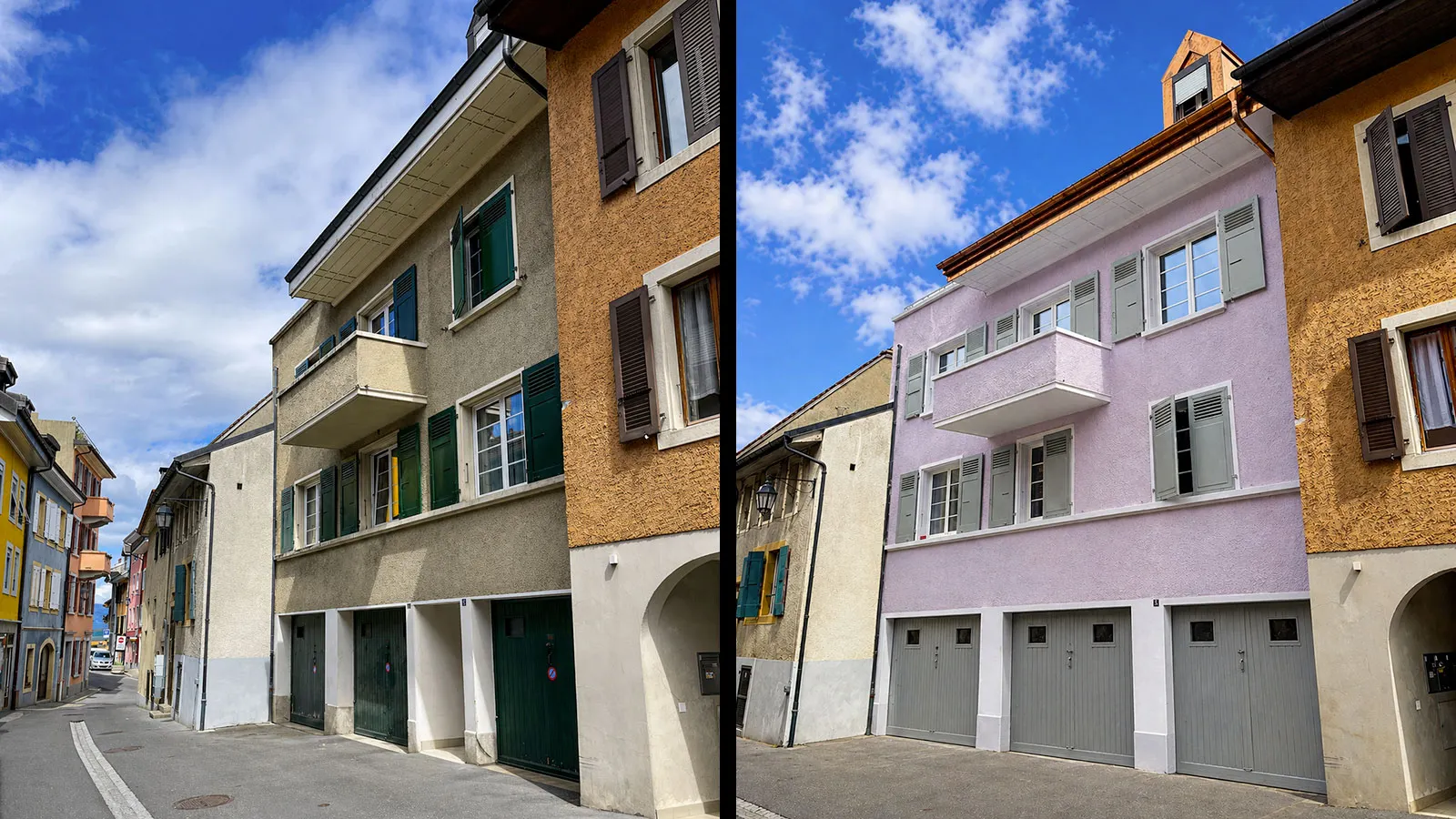 A gauche vue de la façade d'un ancien bâtiment à droite la vue du même bâtiment rénové par Galland